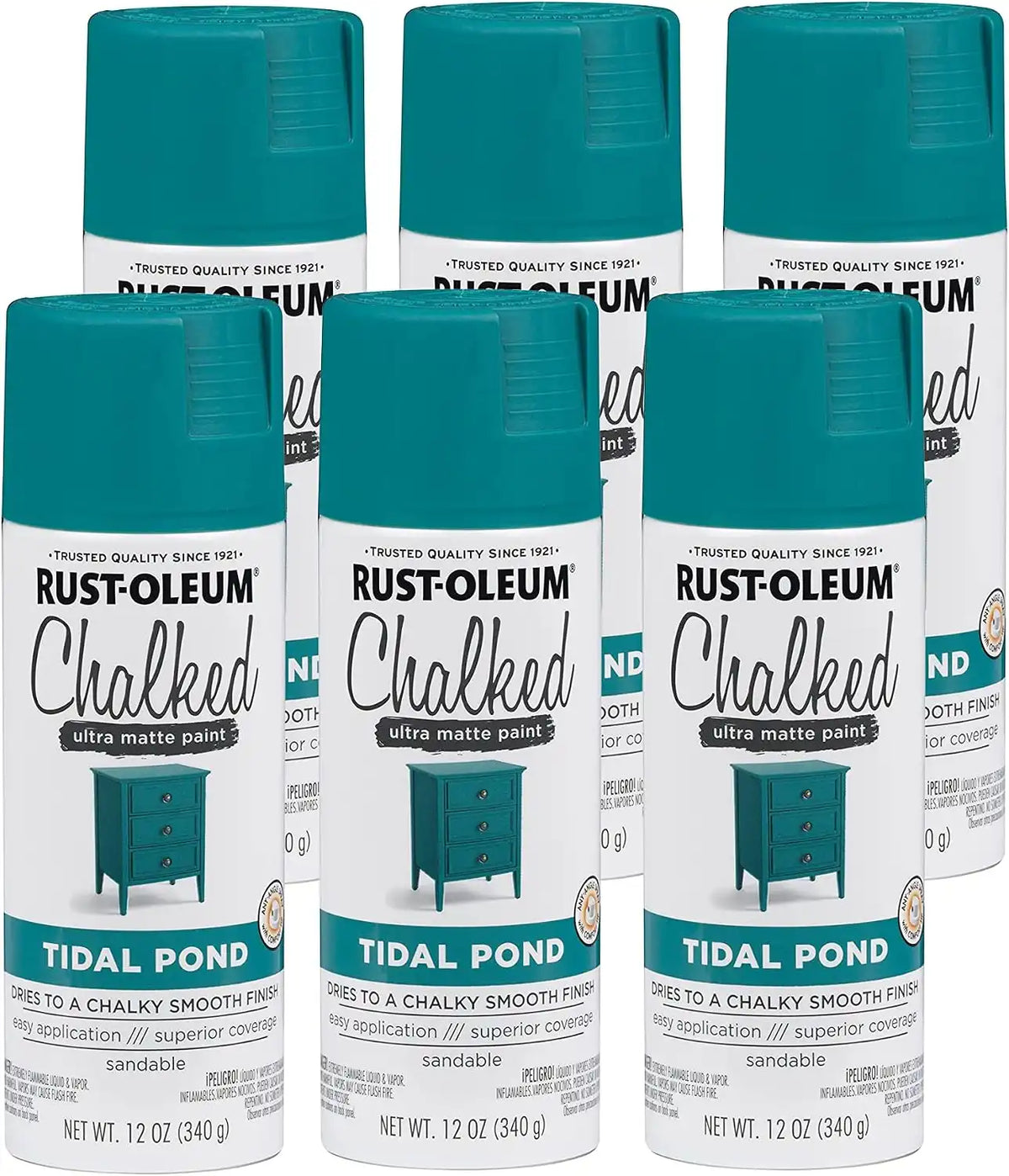 Rust-Oleum Tidal Pond Chalked All-in-One Ultra Matte Spray Paint | One Coat Coverage | No Primer, Sanding, Or Topcoat Needed | Easy Spray Application | Made in USA | 12 OZ | 6 Pack