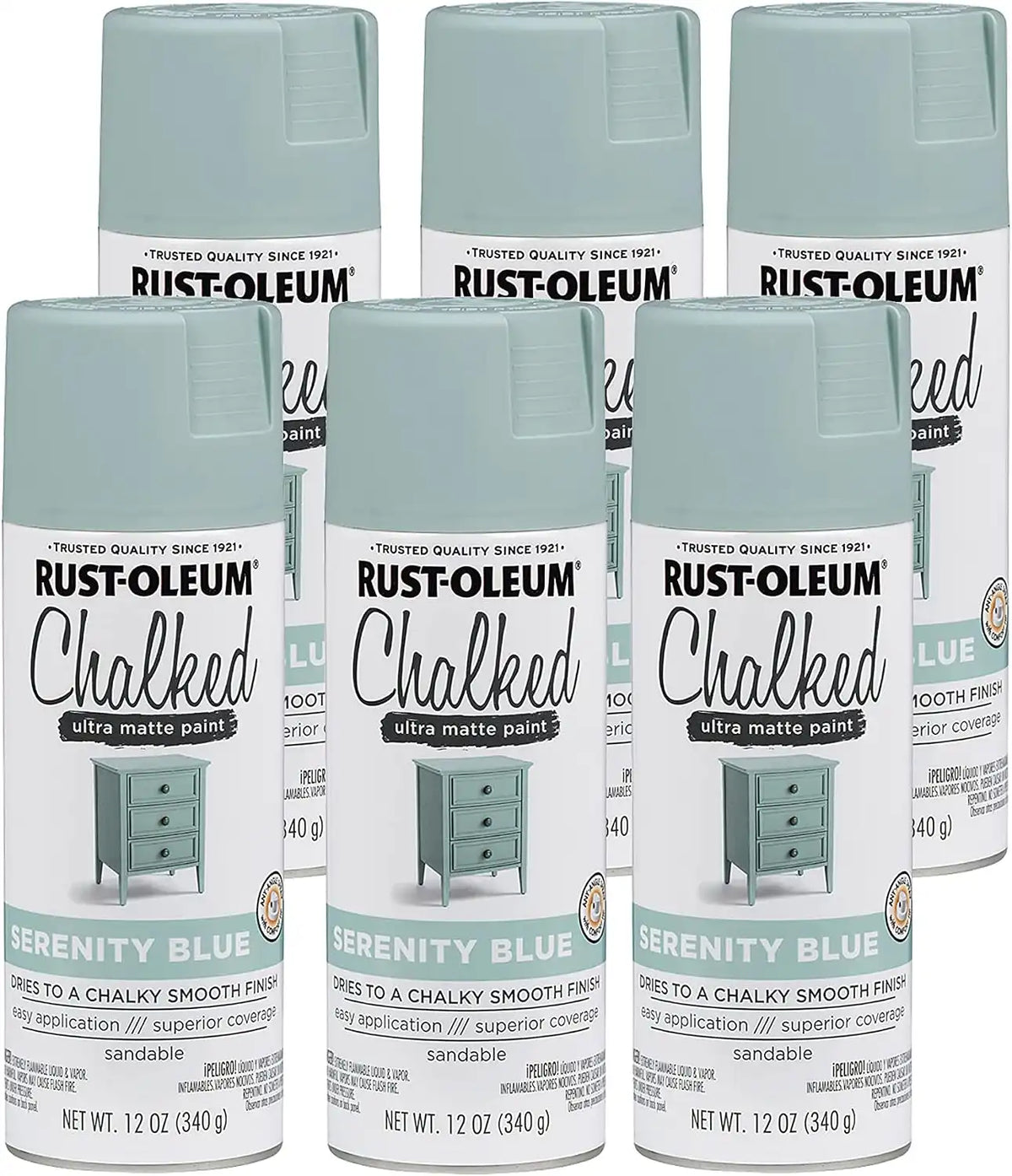 Rust-Oleum Serenity Blue Chalked All-in-One Ultra Matte Spray Paint | One Coat Coverage | No Primer, Sanding, Or Topcoat Needed | Easy Spray Application | Made in USA | 12 OZ | 6 Pack