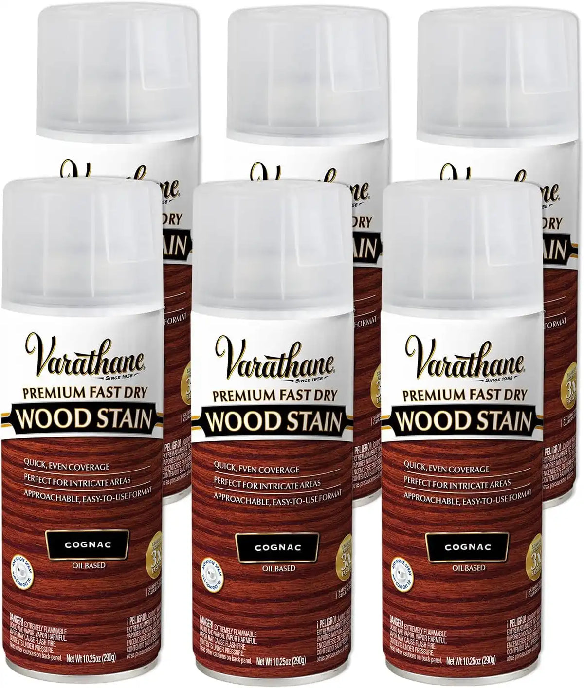 Varathane Premium Fast Dry Wood Stain Spray | 1 Hour Dry Time | 1 Coat Color | Interior Wood Stain | Furniture, Cabinets, Doors, Trim | 10.25 oz | 6 Pack | Cognac