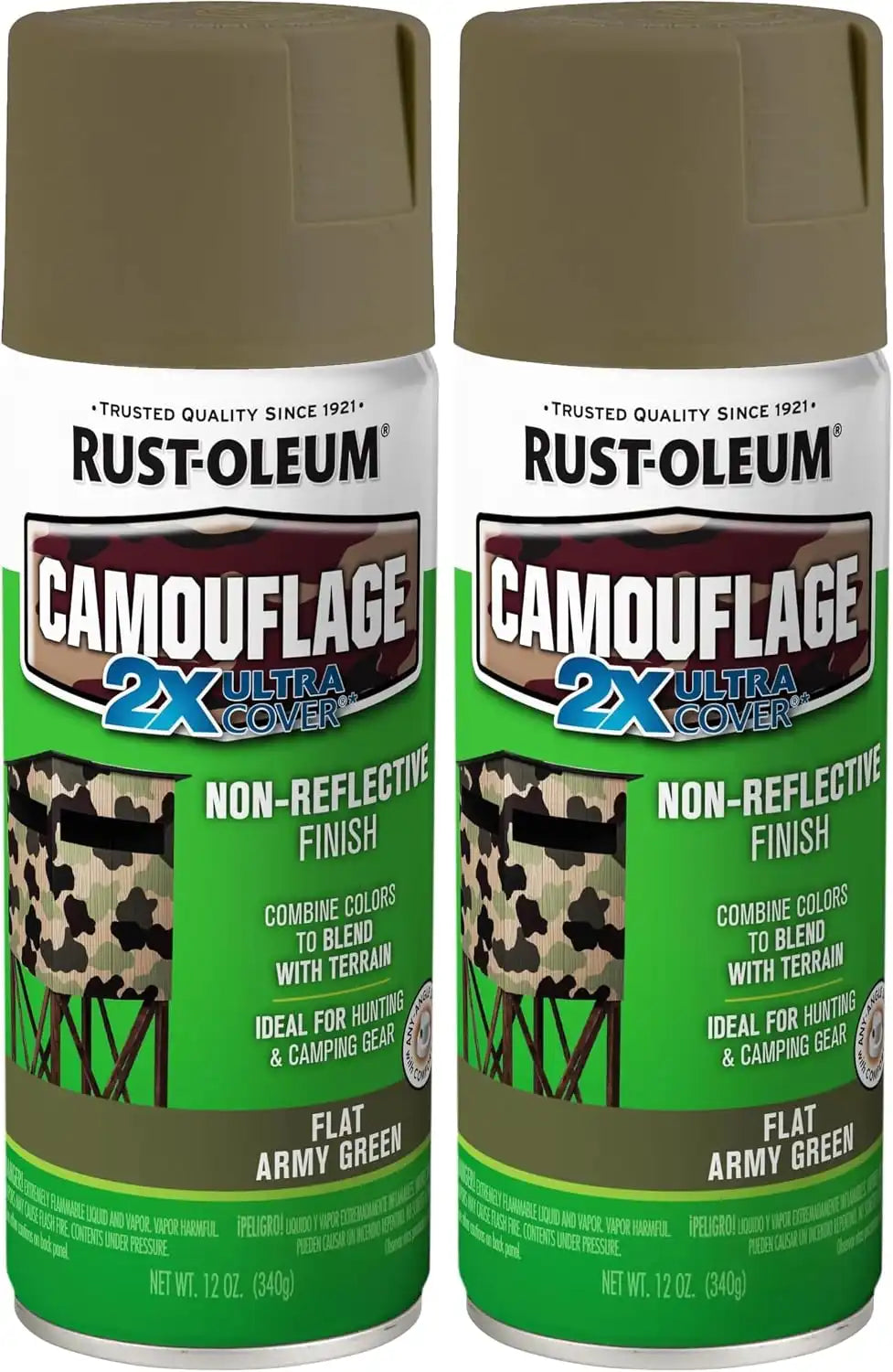Rust-Oleum 279176 Camouflage 2X Ultra Cover Spray Paint, 12 oz, Army Green (Pack of 2)