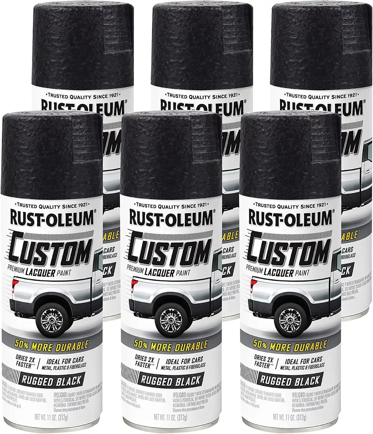 Rust-Oleum 323350-6PK Automotive Custom Lacquer Spray Paint, 11 oz, Rugged Black, 6 Pack