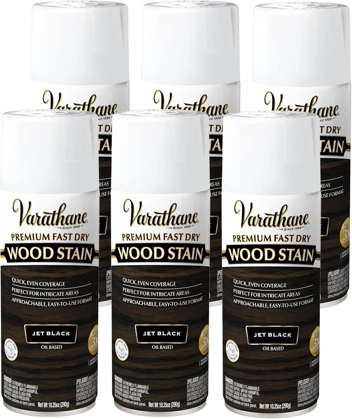 Varathane Premium Fast Dry Wood Stain Spray | 1 Hour Dry Time | 1 Coat Color | Interior Wood Stain | Furniture, Cabinets, Doors, Trim | 10.25 oz | 6 Pack | Jet Black