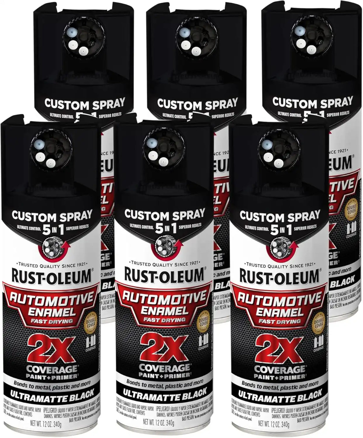 Rust-Oleum 2X Automotive Enamel Custom Spray 5-in-1 Spray Paint, 12 oz, Ultra Matte Black, 6 Pack
