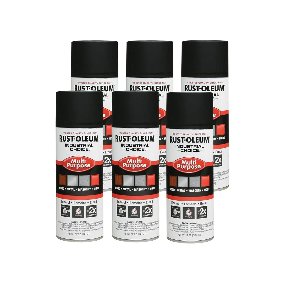 Rust-Oleum 1676830-6PK Industrial Choice 1600 System Multi-Purpose Spray Paint, 12 oz, Ultra-Flat Black, 6 Pack
