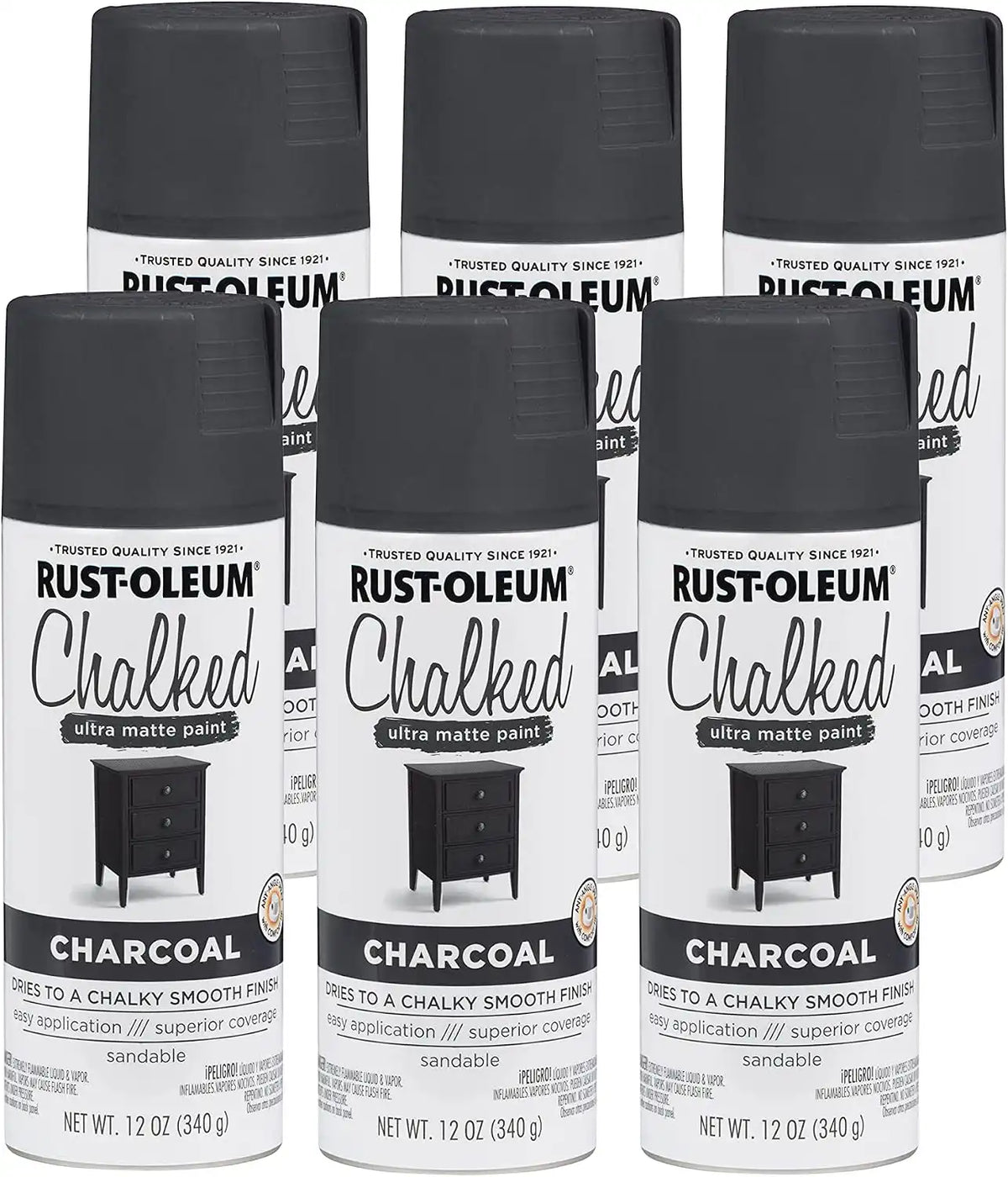 Rust-Oleum Charcoal Chalked All-in-One Ultra Matte Spray Paint | One Coat Coverage | No Primer, Sanding, Or Topcoat Needed | Easy Spray Application | Made in USA | 12 OZ | 6 Pack