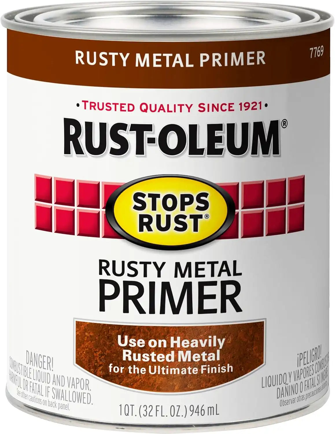 Rust-Oleum 7769502 Stops Rust Rusty Metal Primer Brush Paint, 1 Quart, Flat Brown