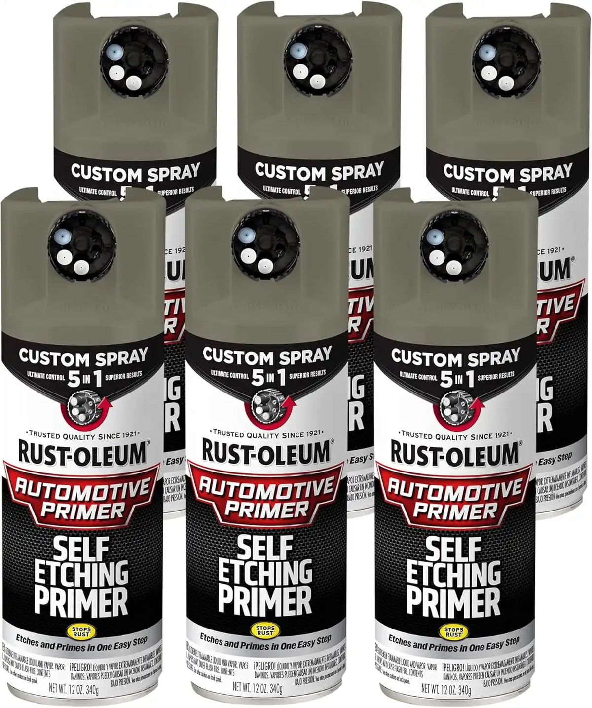 Rust-Oleum Automotive Self Etching Primer Custom Spray 5-in-1, 12 oz, Matte Dark Green, 6 Pack