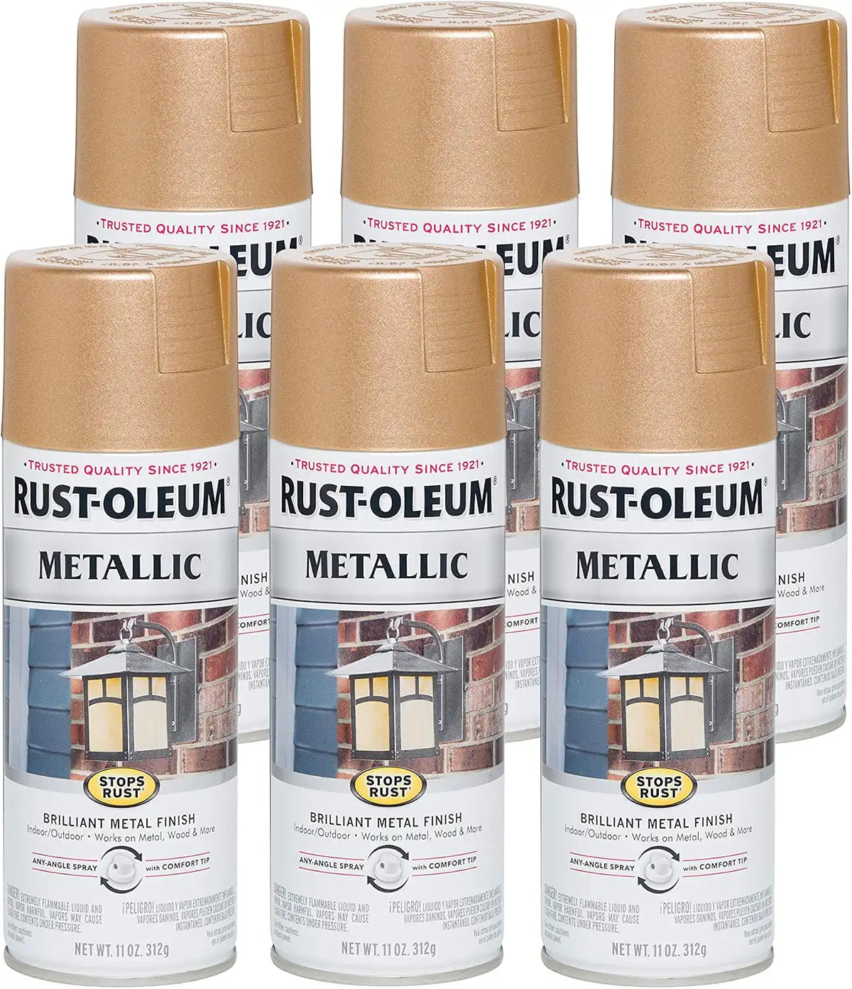 Rust-Oleum 286524-6PK Stops Rust Metallic Spray Paint, 11 oz, Warm Gold, 6 Pack