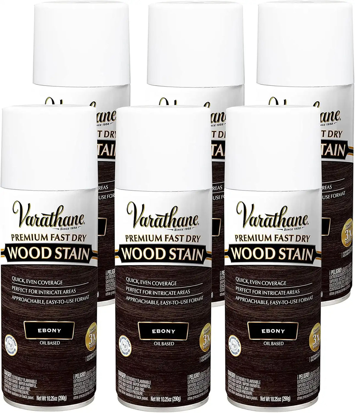 Varathane Premium Fast Dry Wood Stain Spray | 1 Hour Dry Time | 1 Coat Color | Interior Wood Stain | Furniture, Cabinets, Doors, Trim | 10.25 oz | 6 Pack | Ebony
