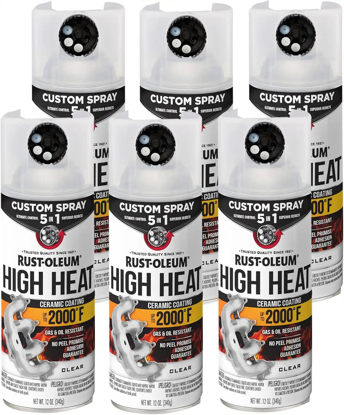 Rust-Oleum Automotive High Heat Spray Paint Custom Spray 5-in-1, 12 oz, Gloss Clear, 6 Pack