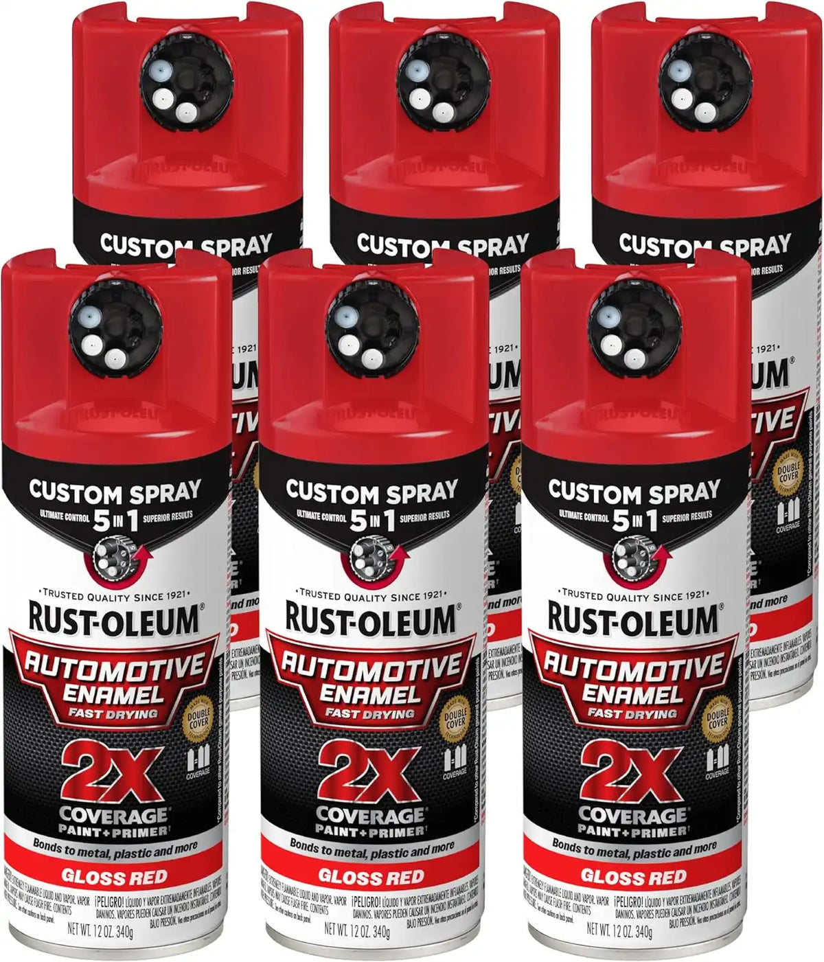 Rust-Oleum 2X Automotive Enamel Custom Spray 5-in-1 Spray Paint, 12 oz, Gloss Red, 6 Pack